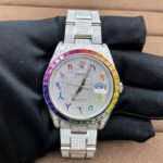 Rolex Datejust Rainbow Arabic Dial Moissanite Diamond Watch – luxury Swiss automatic watch with rainbow dial and moissanite diamonds from SV Jewels Shop.