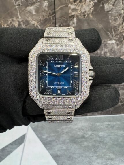 Discover the Moissanite Cartier Santos Watch with a stunning blue dial, luxury-inspired design, and brilliant moissanite stones. A bold, elegant timepiece perfect for collectors and fashion lovers.