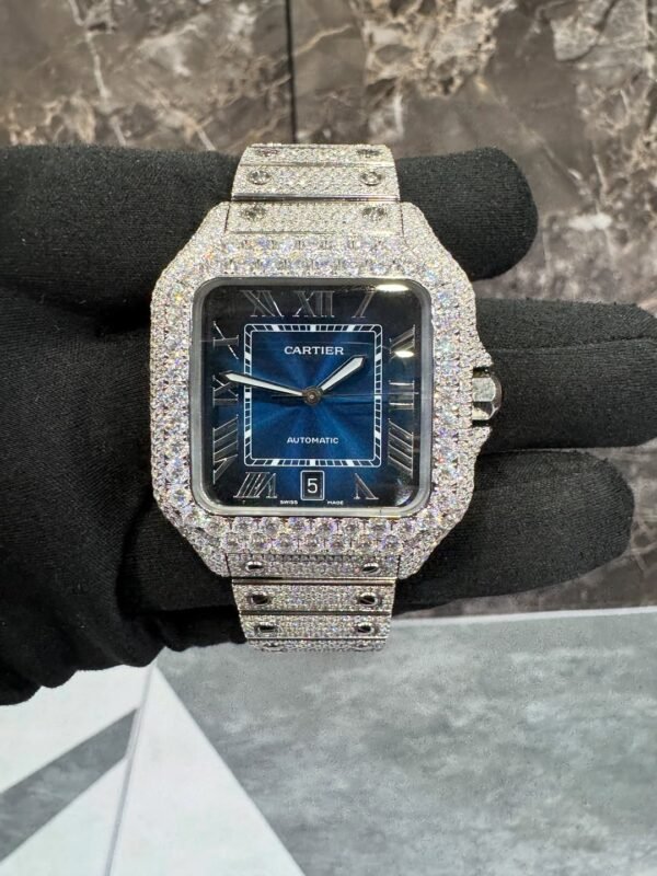 Discover the Moissanite Cartier Santos Watch with a stunning blue dial, luxury-inspired design, and brilliant moissanite stones. A bold, elegant timepiece perfect for collectors and fashion lovers.
