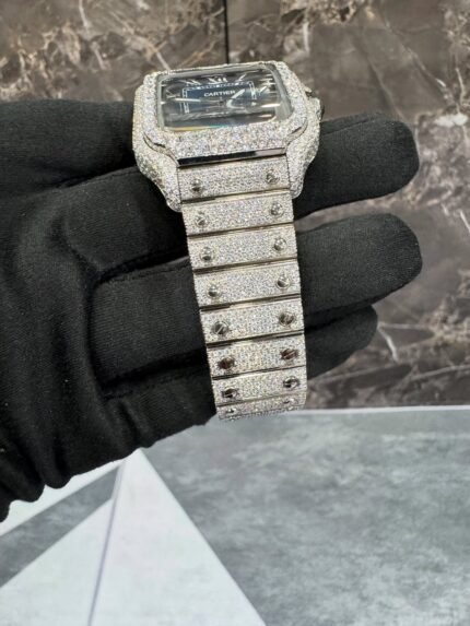 Discover the Moissanite Cartier Santos Watch with a stunning blue dial, luxury-inspired design, and brilliant moissanite stones. A bold, elegant timepiece perfect for collectors and fashion lovers.