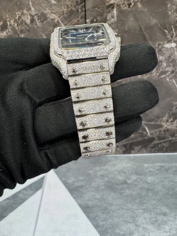 Discover the Moissanite Cartier Santos Watch with a stunning blue dial, luxury-inspired design, and brilliant moissanite stones. A bold, elegant timepiece perfect for collectors and fashion lovers.