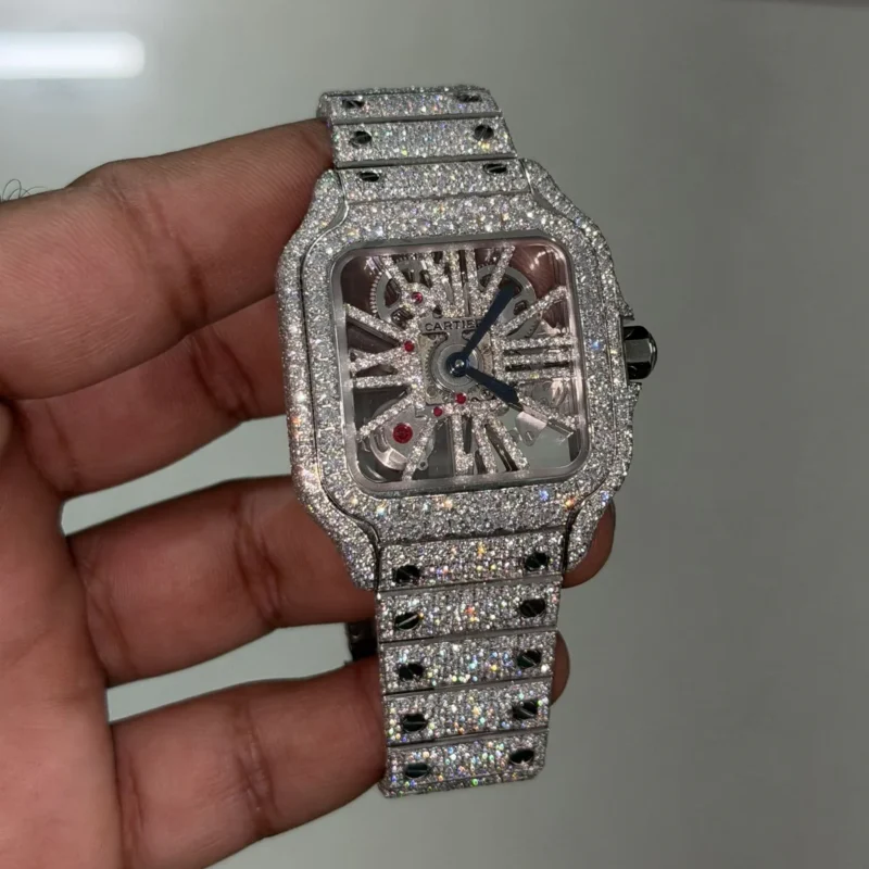 Experience timeless elegance with the Moissanite Cartier Skeleton Diamond Watch, featuring a fully iced-out design, precision skeleton dial, and premium moissanite brilliance. A statement luxury watch perfect for fashion-forward collectors.